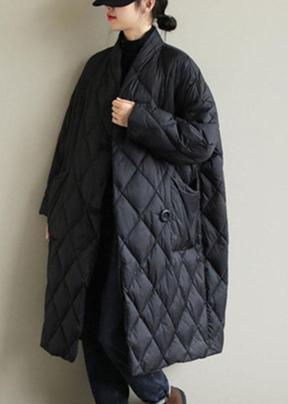 Street Black Stand Collar Button Pockets Winter Down Coat Long Sleeve Qs038