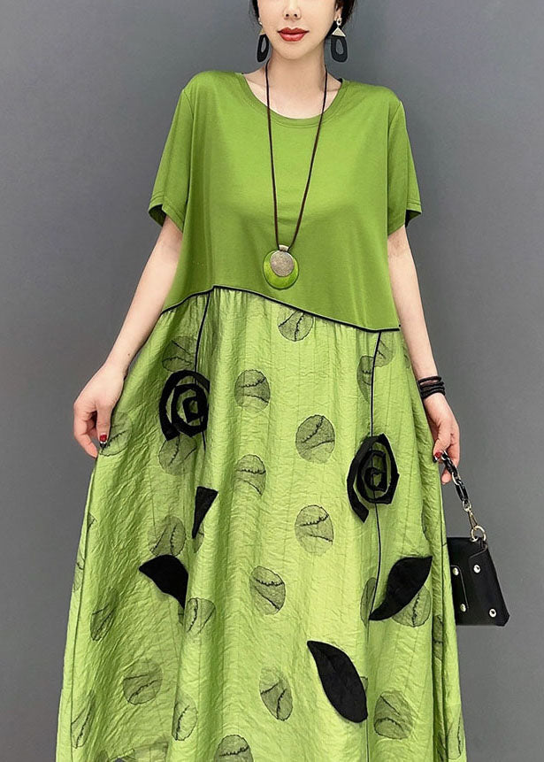 Style Green O-neck Patchwork Cotton Long Dress Summer Ly1574
