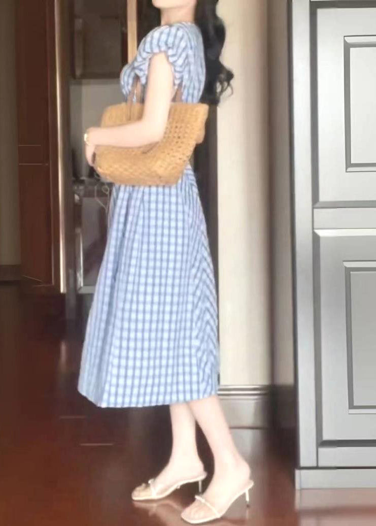 Style Light Blue O-neck Plaid Tie Waist Long Dress Short Sleeve Uu1023