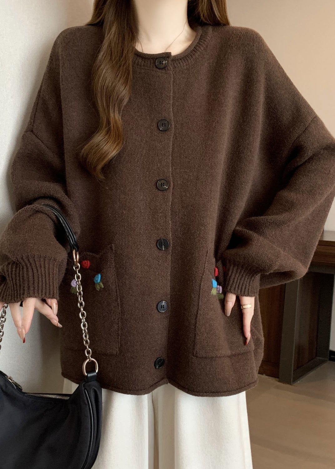 Style Red O Neck Button Pockets Knit Cardigan Winter Rg025