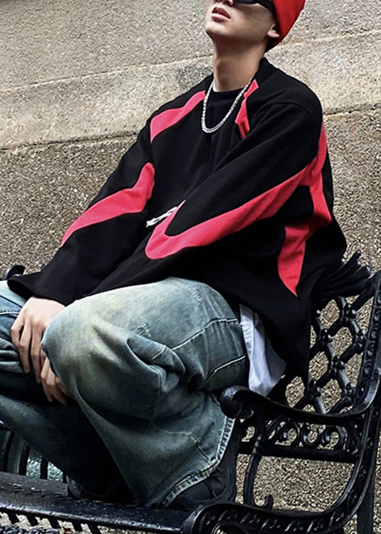 Style Red O Neck Patchwork Cotton Sweatshirt Fall Eq012