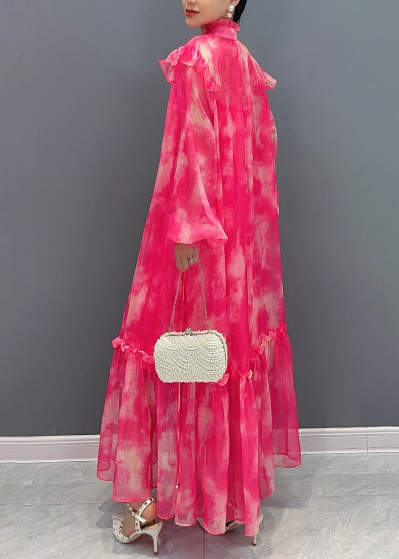 Style Red Stand Collar Ruffled Print Chiffon Maxi Dress Long Sleeve Ao1025