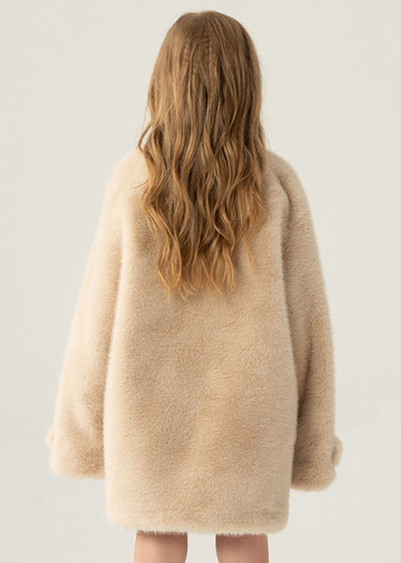 Stylish Beige Stand Collar Pockets Kids Long Mink Velvet Coats Winter Wl013