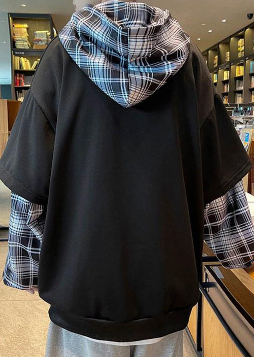 Spring Sweatshirts Patchwork Hooded Stylish Cotton Black