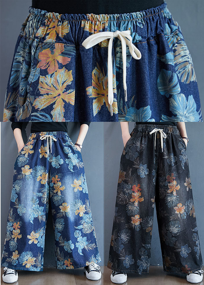 Denim Blue Print Cotton Wide Leg Pants Elastic Waist Spring Ly1504