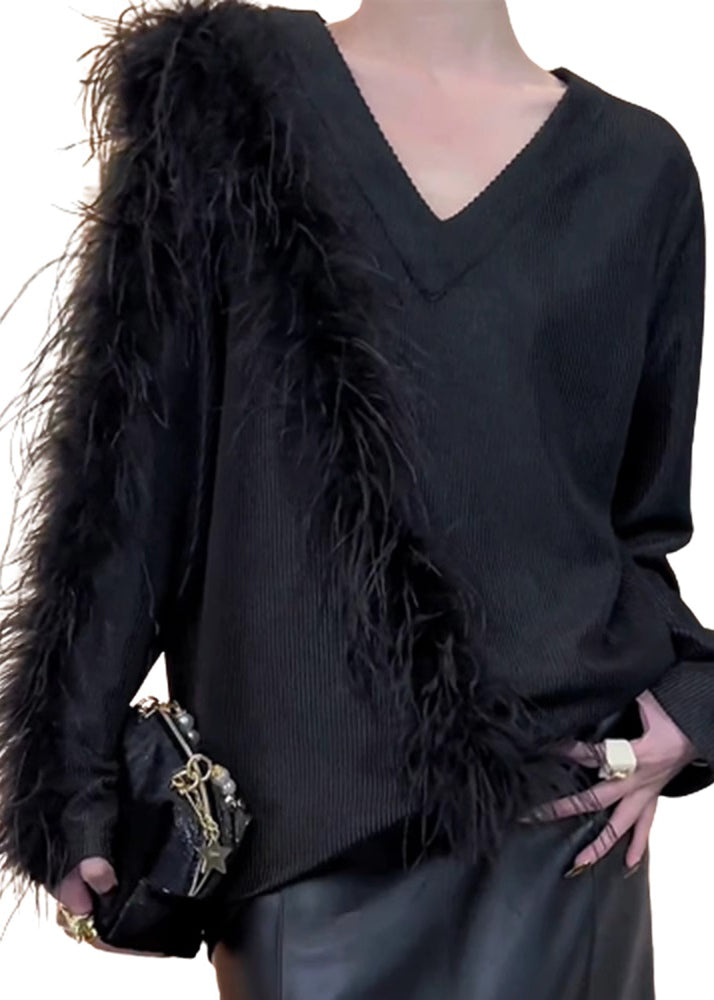 Stylish Black V Neck Patchwork Knit Sweaters Winter Rs042
