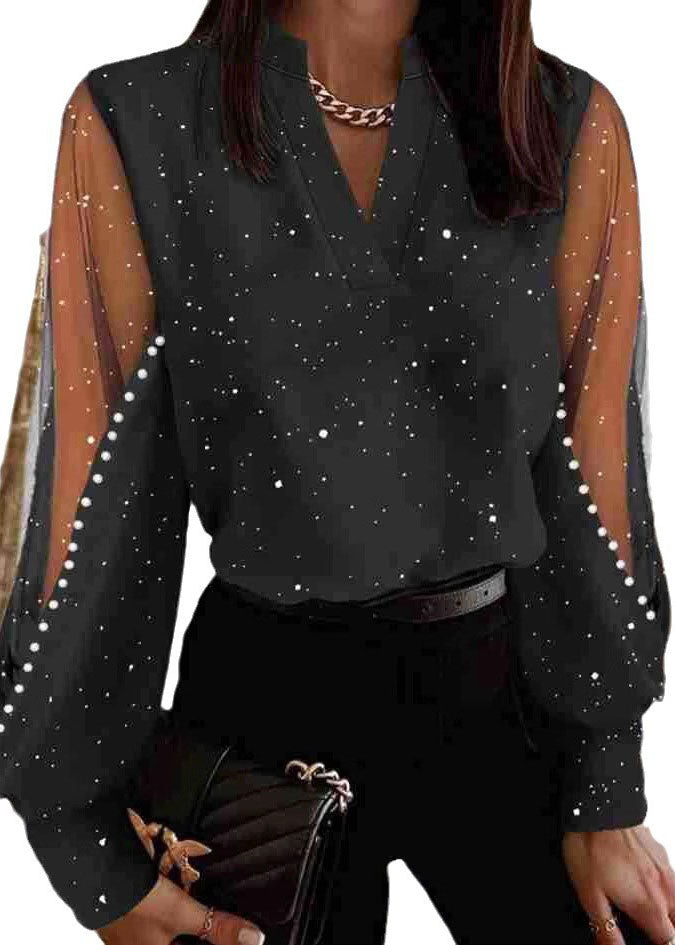 Stylish Black V Neck Tulle Patchwork Blouses Spring Tl031