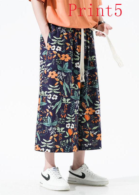 Stylish Blue Pockets Print Cotton Crop Pants Apparel Summer Sa035