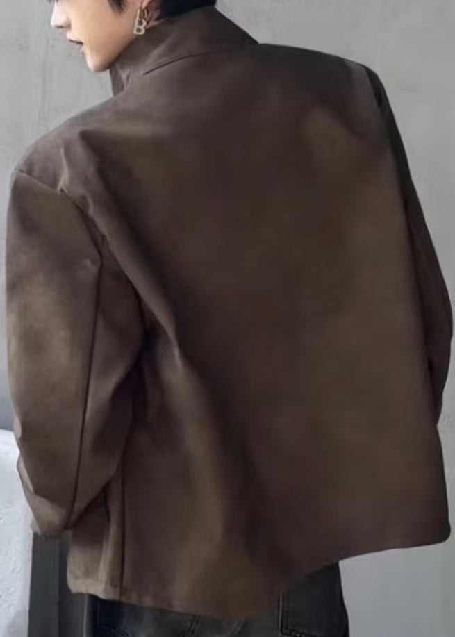 Stylish Brown Stand Collar Zippered Faux Suede Coats Spring Rn034