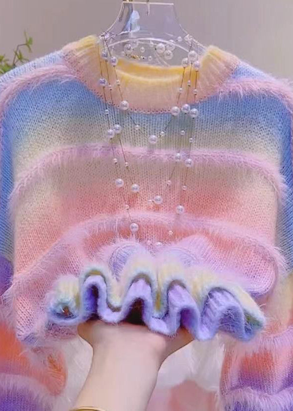 Stylish Gradient Color Green O-neck Striped Cozy Cotton Knit Sweaters Winter Rk014