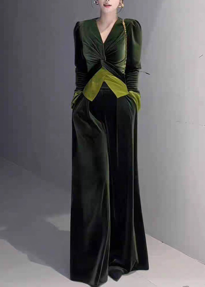 Stylish Leg Top Velvet Cinched Green Wide Silk Pants and V Neck