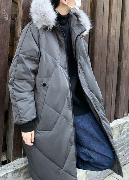 Stylish Grey Fur Collar Pockets Duck Down Down Coats Winter Rj015