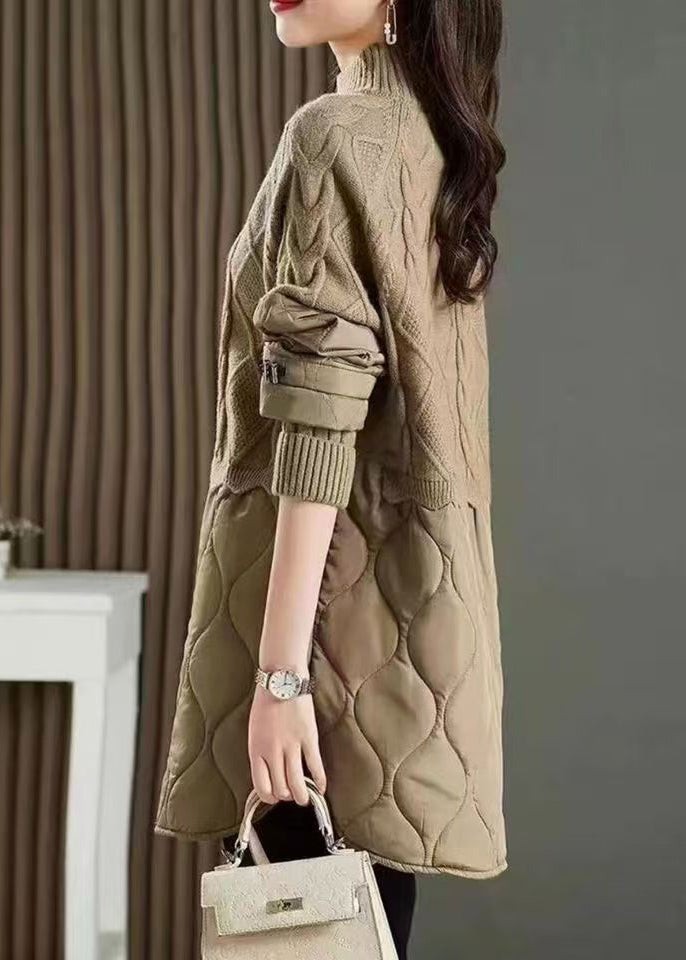 Stylish Khaki High Neck Thick Patchwork Knit Sweaters Fall Ql045