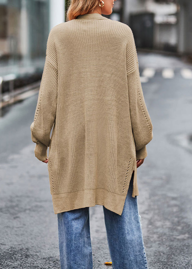 Stylish Khaki V Neck Pockets Loose Knit Cardigans Fall Qy006
