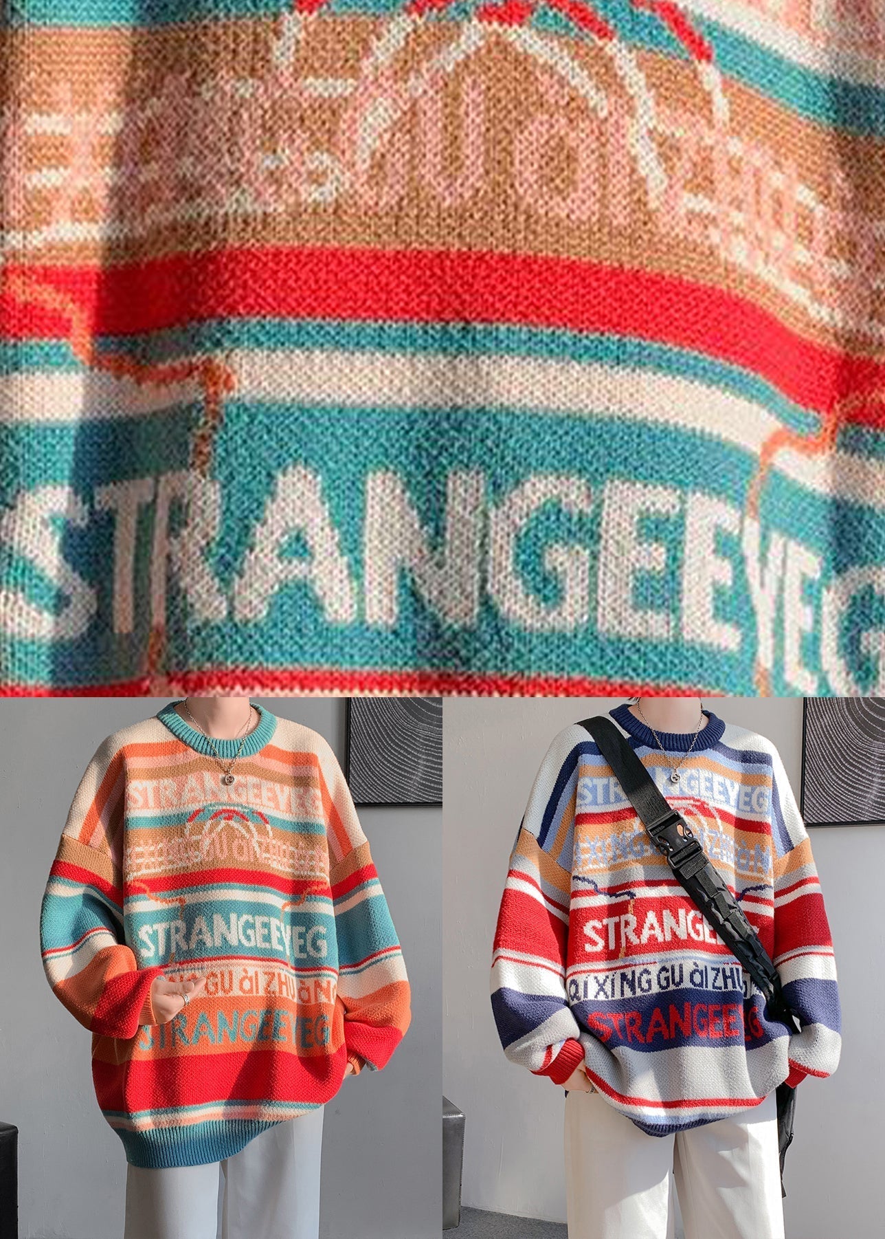 Navy Letter Patchwork Knit Sweater O Neck Winter Rc033