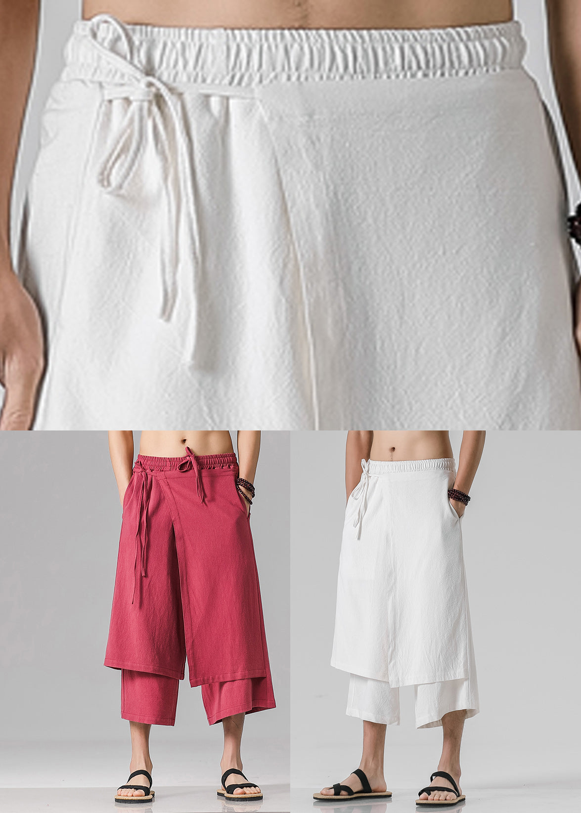 Stylish Red Pockets Patchwork Tie Waist Pants Summer Yt011