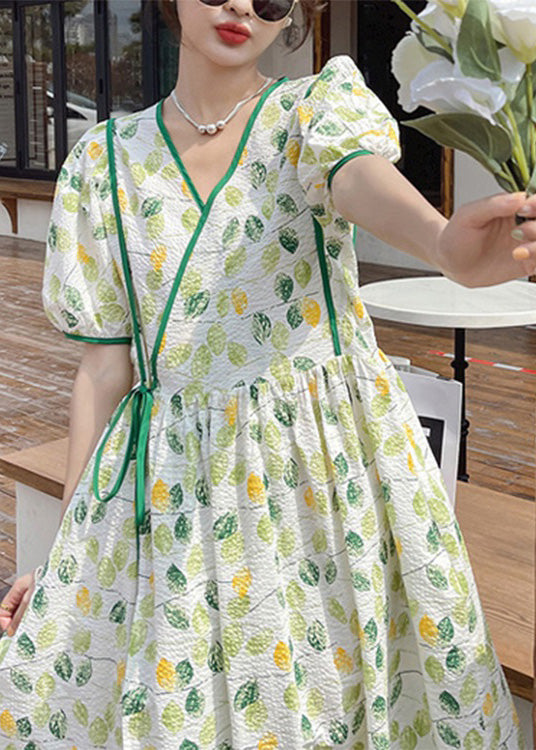 Stylish V Neck Print Wrinkled Patchwork Long Dresses Short Sleeve Ly1724