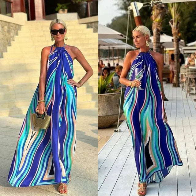 Summer Print Halter Neck Long Dresses Backless Vacation Style Loose Sleeveless Beach Dress Vestidos Female