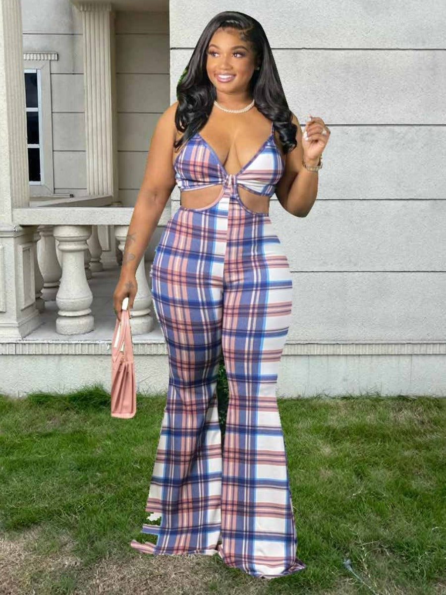 Plaid Print Backless Flared Jumpsuit At9044