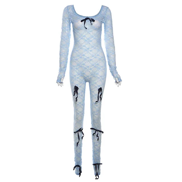 See Through Mesh Jumpsuit Bow Splice Long Sleeve Bodycon One Piece Hot Girl Party Club Overalls for Woman