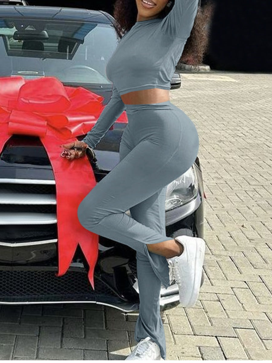 Basics Crop Top Split Skinny Pants Set Ac2069