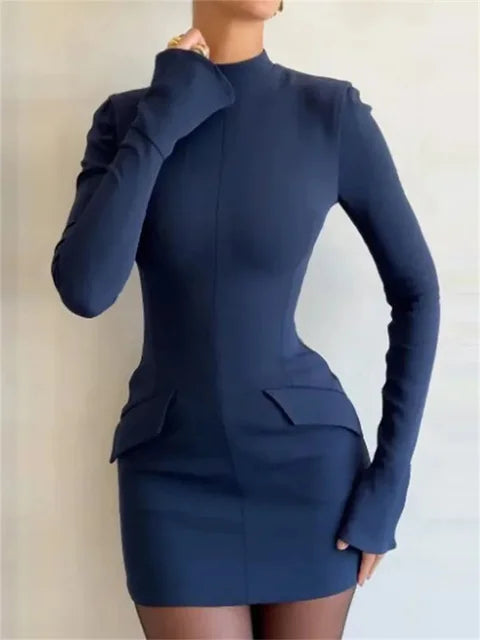 Patchwork High Waist Mini Dress Female Long Sleeve Autumn Pocket Slim Dress ’s Dress New