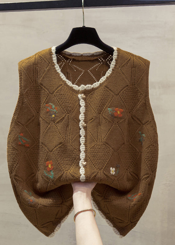 Unique Beige O-neck Embroidered Cotton Knit Waistcoat Fall Qp013