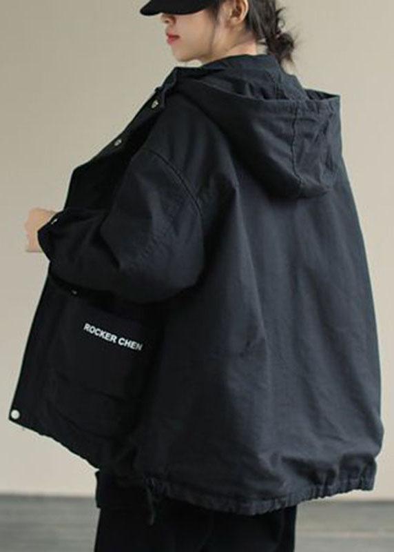 Unique Black Hooded Pockets Winter Cotton Coat Long Sleeve Qs041