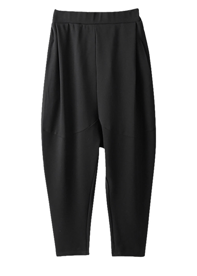 Unique Black Pockets Elastic Waist Cotton Harem Pants Spring Th031