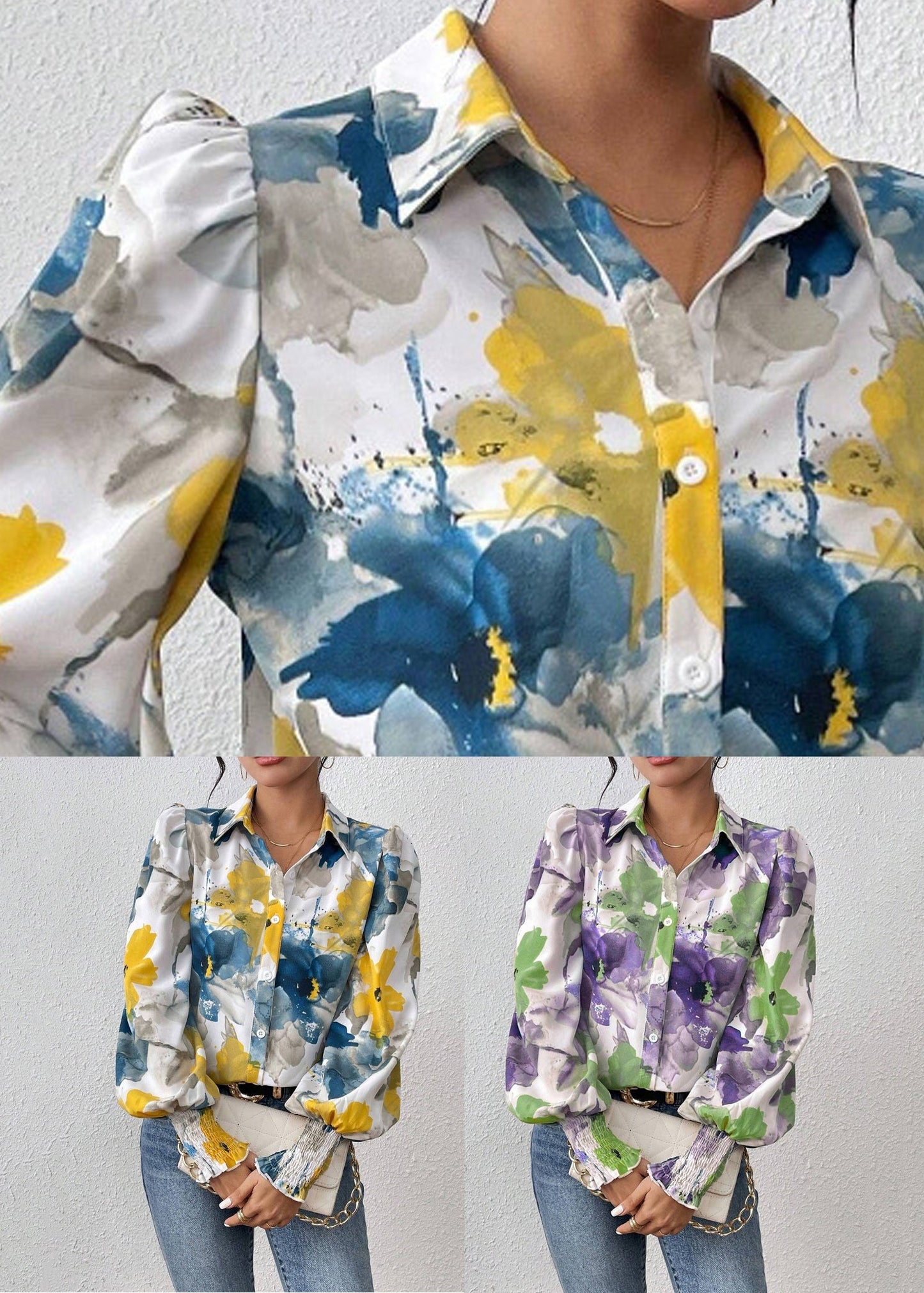 Blouses Print Cotton Blue Unique Spring Button