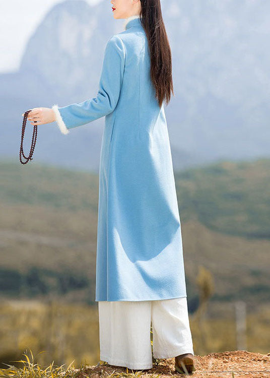 Unique Blue Patchwork Chinese Button Woolen Coat and Pants Two Pieces Set Spring Ly1671