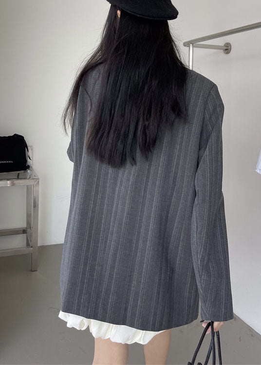 Unique Grey Stand Collar Striped Patchwork Cotton Coats Spring Ly0769