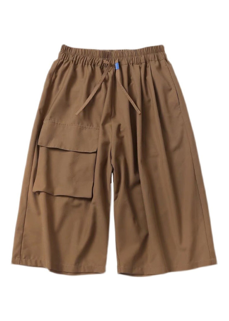 Unique Khaki Pockets Patchwork Elastic Waist Ice Silk Crop Pants Yt007
