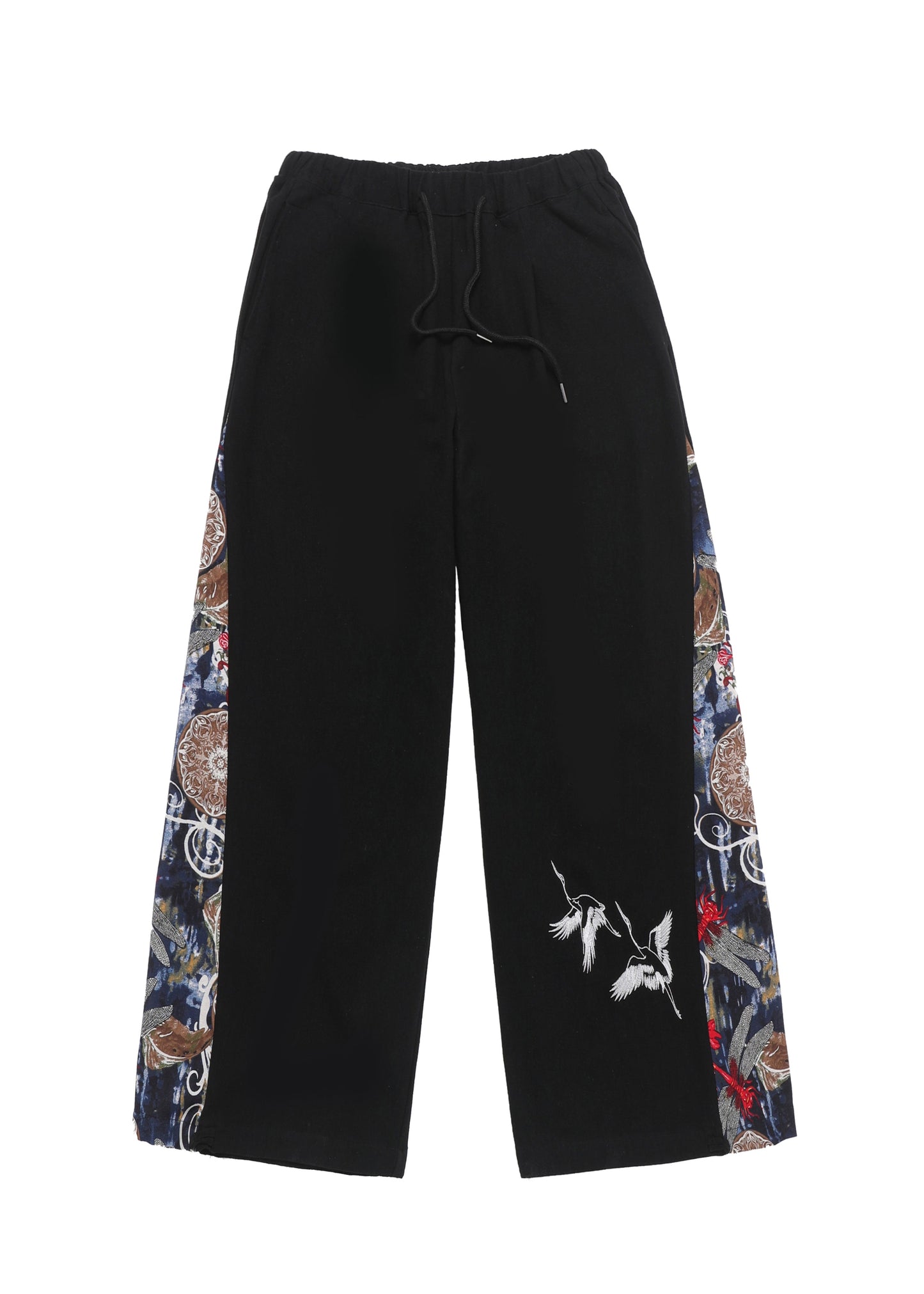 Unique Navy Embroideried Patchwork Cotton Wide Leg Pants Summer Sa055