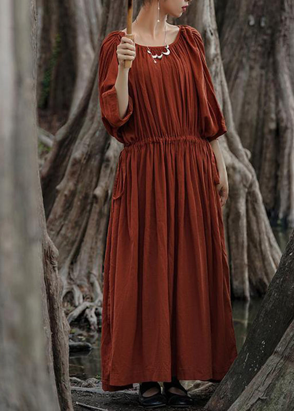 Unique Red O-neck Drawstring Maxi Dresses Half Sleeve Gh1071