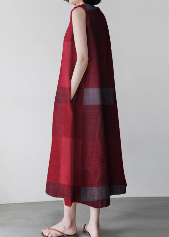 Unique Red O-neck Plaid Maxi Dress Sleeveless Lc0005