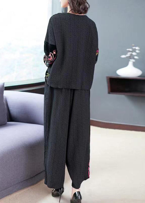Black Embroideried Tops and Wide Leg Pants Cotton Two Piece Set Fall Tf1042