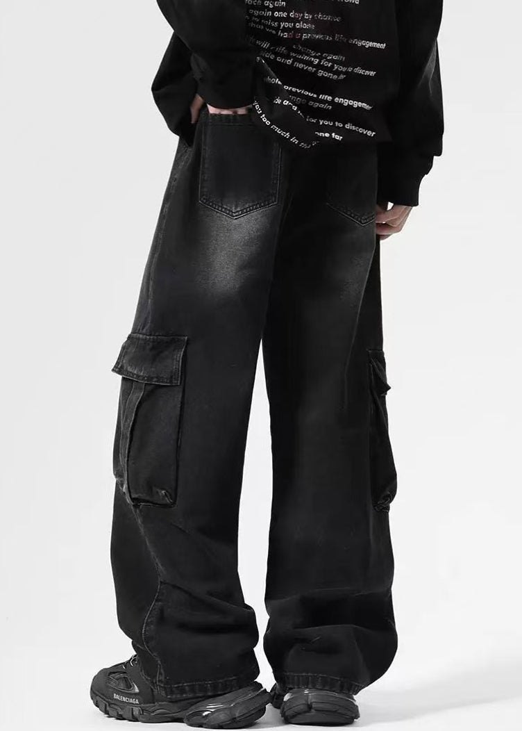 High Denim Pockets Pants Black Spring Waist