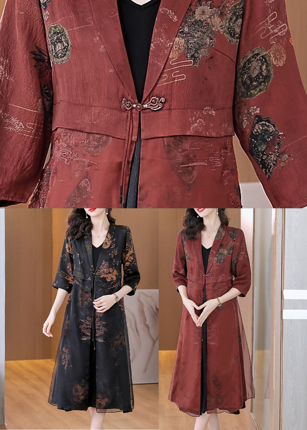 Brick Red Embroideried Silk Cardigans Bracelet Sleeve Ly1005