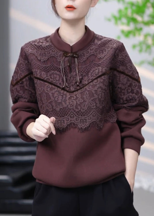 Brown Lace Patchwork Cotton Sweatshirt Winter Rl001
