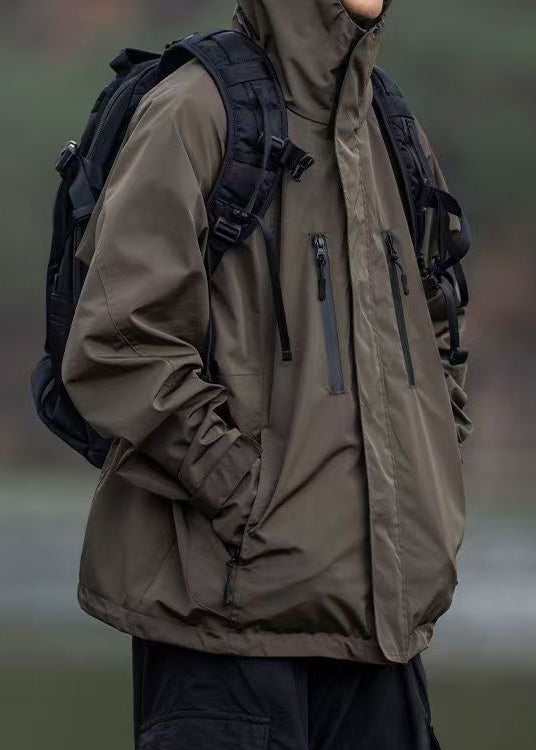 Zippered Brown Spring Oversized Pockets Cotton Coats