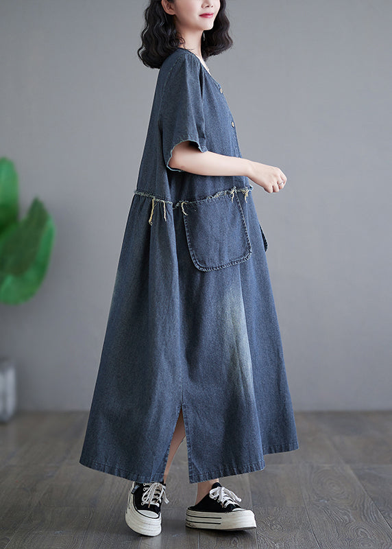 Denim Blue Patchwork Side Open Button Maxi Dresses Short Sleeve Gh1045