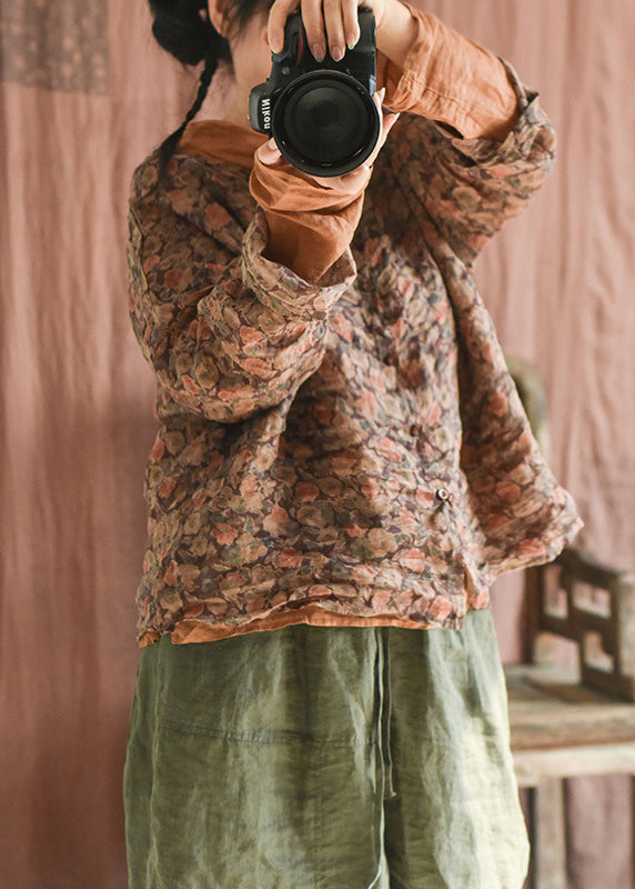 Green Button Print Linen Blouse Long Sleeve F4207