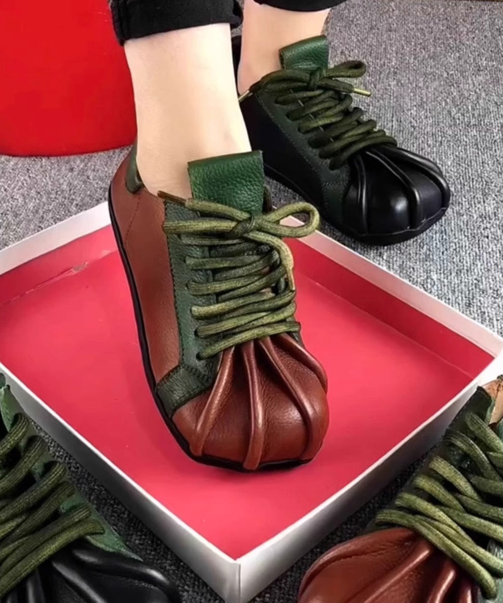 Flat Lace Green Up Cowhide Leather Splicing Shoes