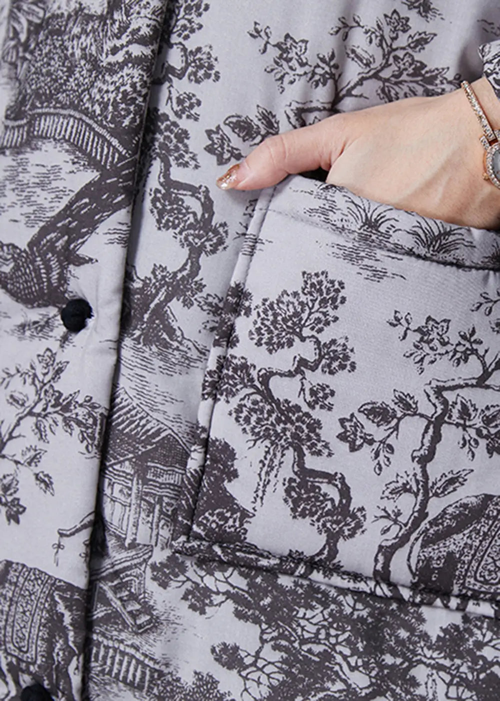 Grey Print Pockets Fine Cotton Filled Coats Winter Jk1052