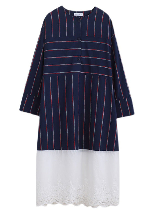 Navy Blue O-neck Striped Patchwork Cozy Cotton Long Dress Long Sleeve Ly1900