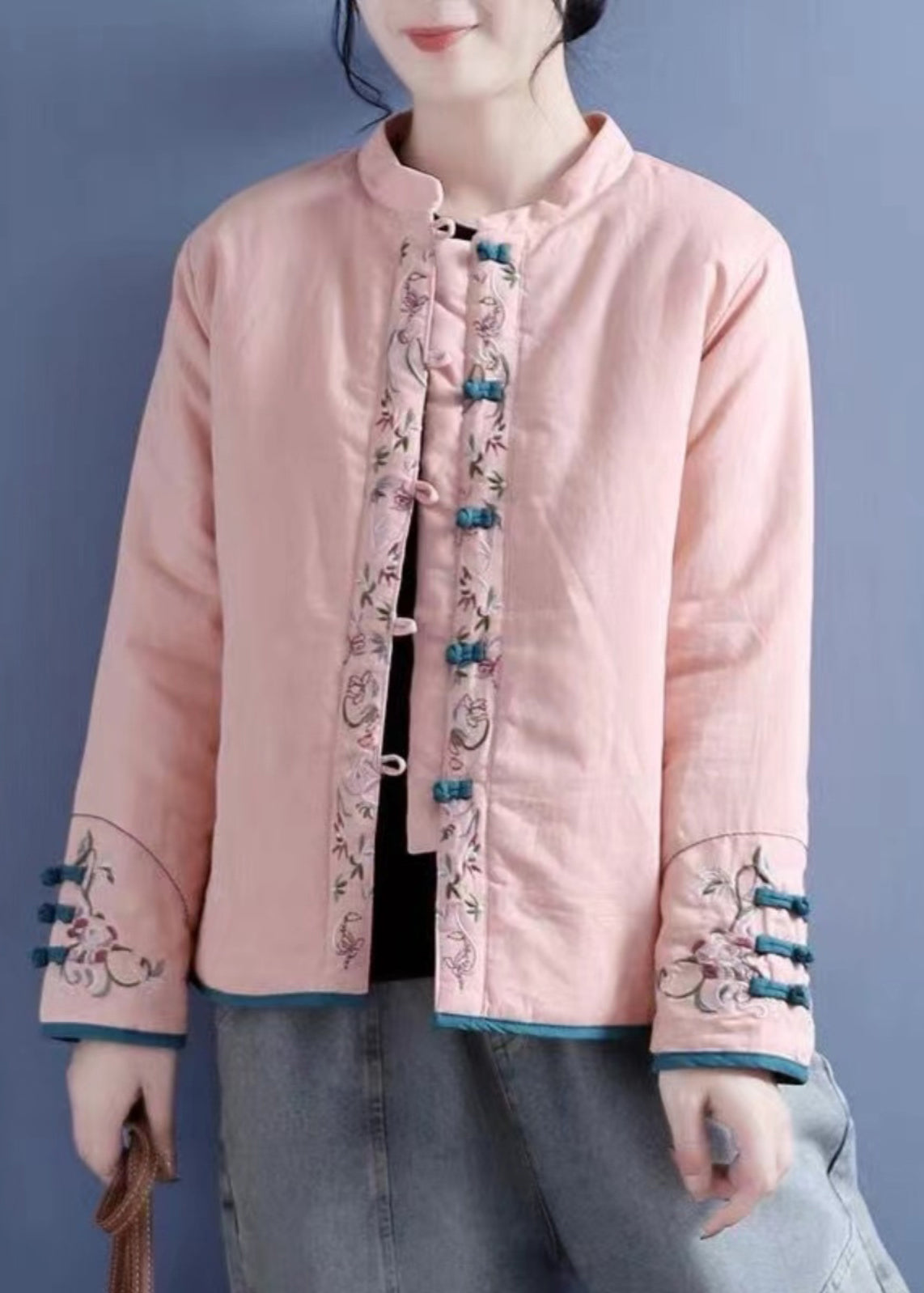 Orange Embroidered Button Cotton Filled Coats Winter Qg038