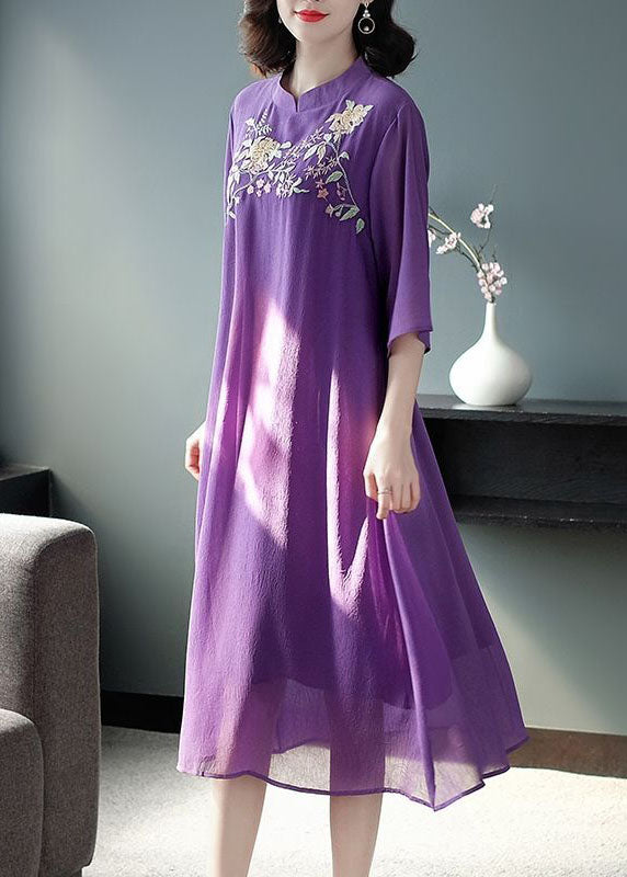Purple Mandarin Collar Embroideried Silk Long Dress Summer Fr2017