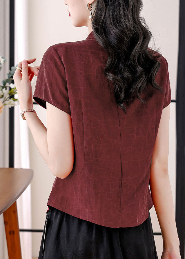 Red Stand Collar Embroidered Silk Blouses Summer Bb026