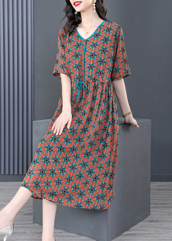 V Neck Print Wrinkled Tie Waist Long Dresses Summer Ly1737